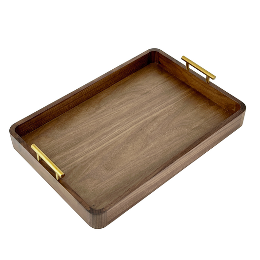 17" x 12" Dark Walnut Serving Tray with Gold Handles