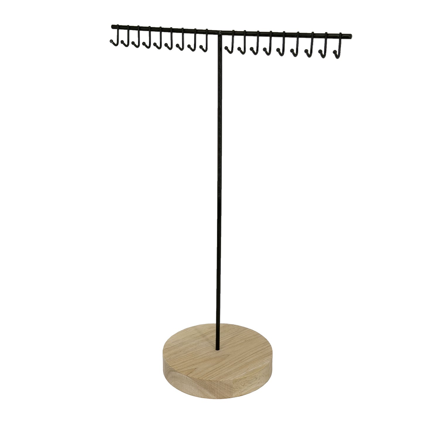 18 Hook Black Metal Necklace Display with Wood Base