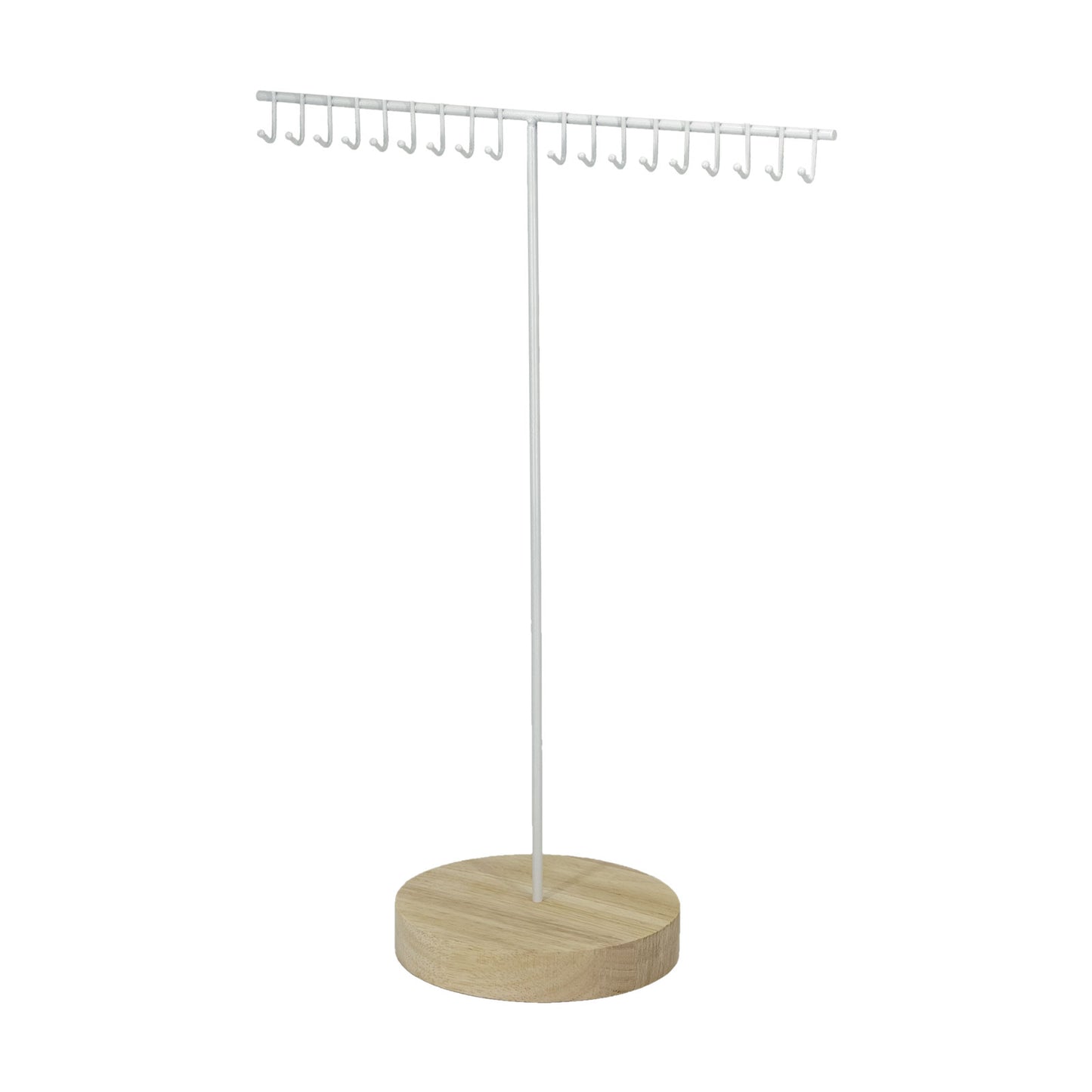 18 Hook White Metal Necklace Display with Wood Base