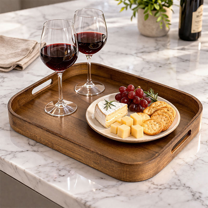 18" x 13" Dark Wood Serving Tray with Handles