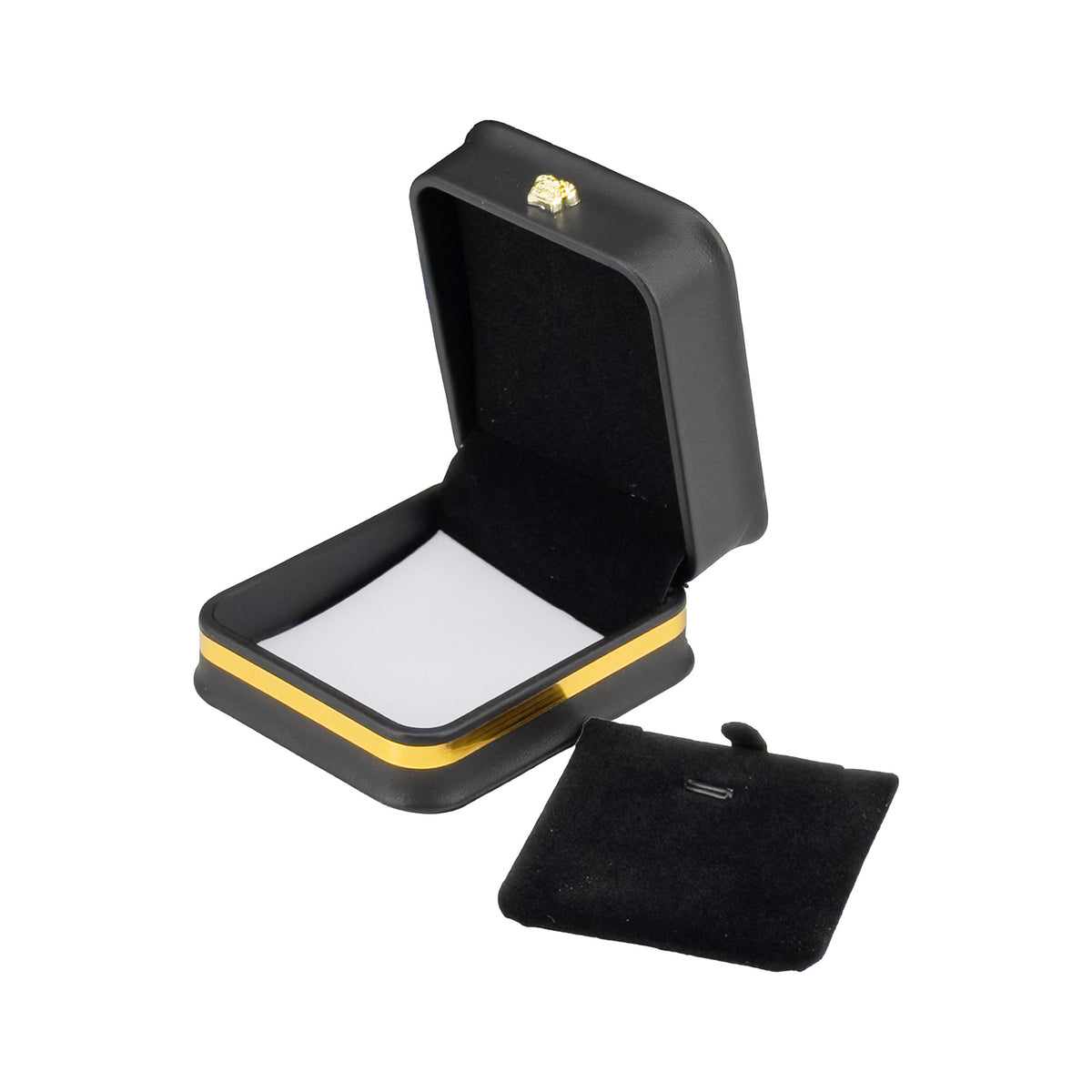 2 3/4" x 3 1/4" Black Leatherette Pendant Box with Gold Crown and Trim