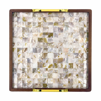2-Piece Square Walnut Wood Serving Tray Set with Seashell Inlay