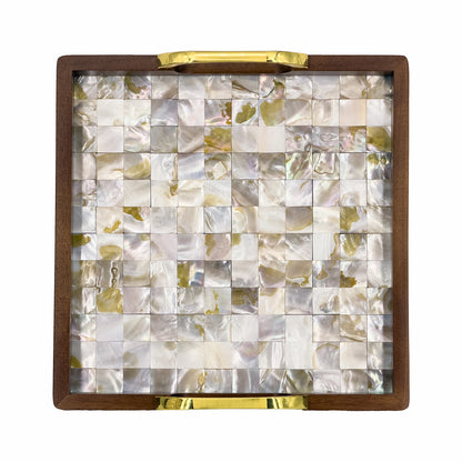 2-Piece Square Walnut Wood Serving Tray Set with Seashell Inlay