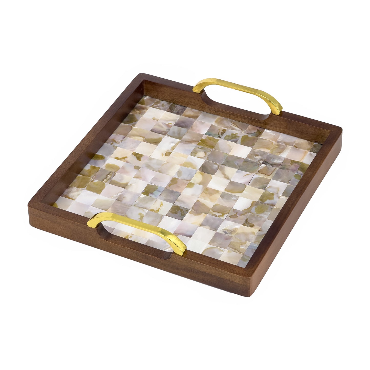2-Piece Square Walnut Wood Serving Tray Set with Seashell Inlay