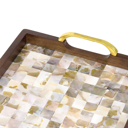 2-Piece Square Walnut Wood Serving Tray Set with Seashell Inlay