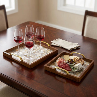 2-Piece Square Walnut Wood Serving Tray Set with Seashell Inlay