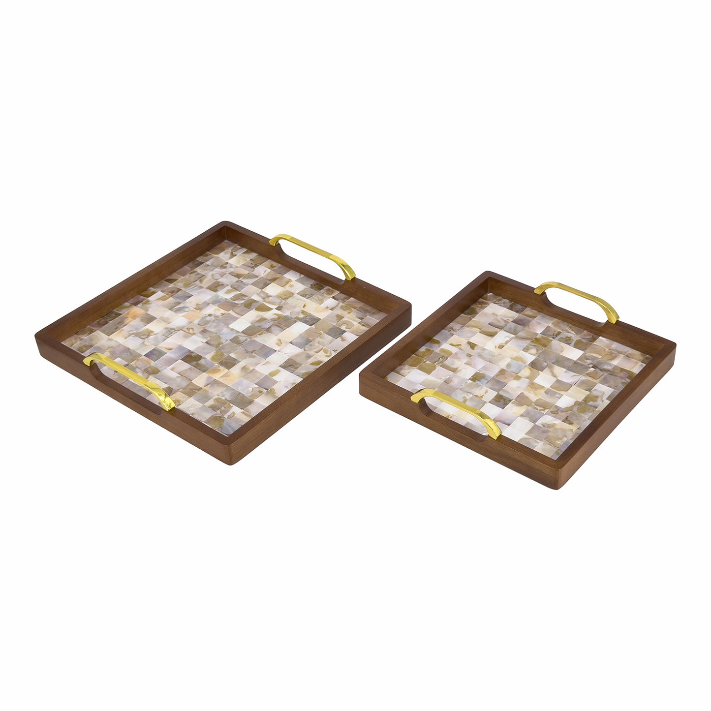 2-Piece Square Walnut Wood Serving Tray Set with Seashell Inlay