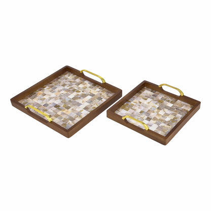 2-Piece Square Walnut Wood Serving Tray Set with Seashell Inlay