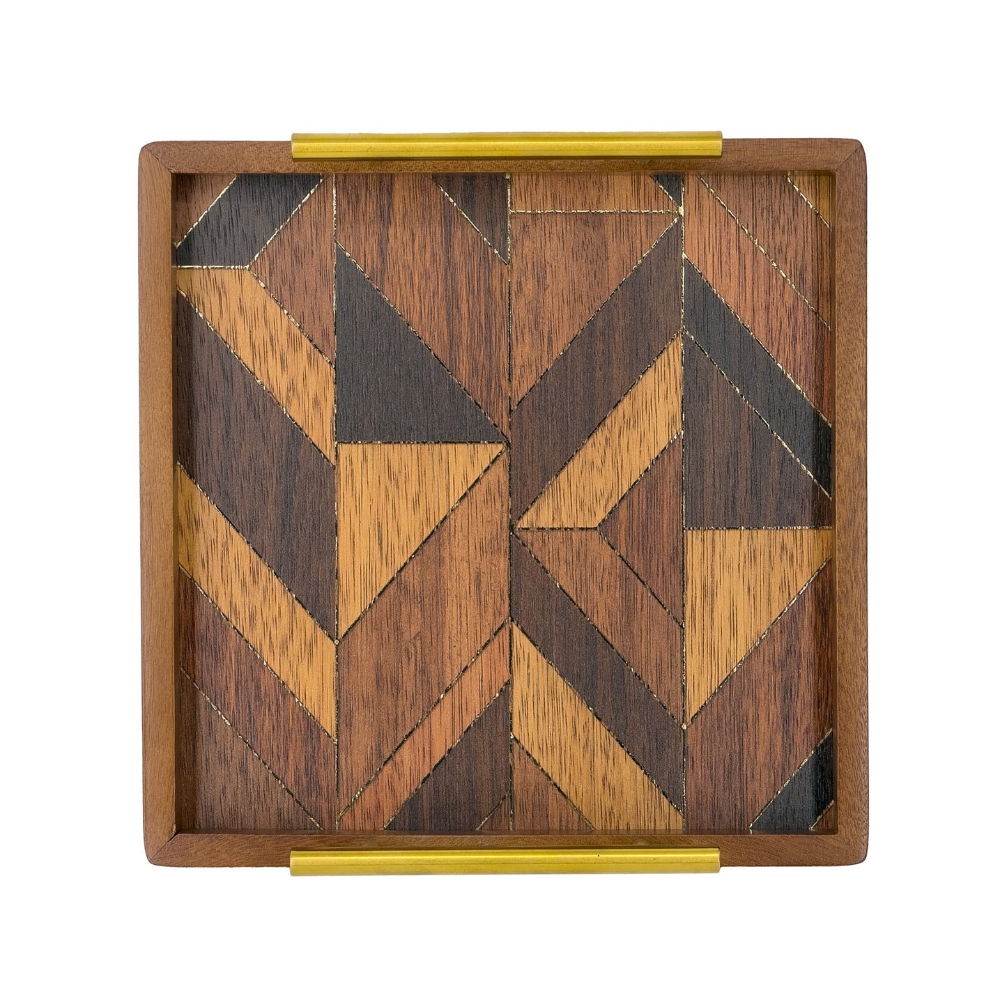 2-Piece Square Wood Serving Tray Set with Geometric Pattern and Gold Handles