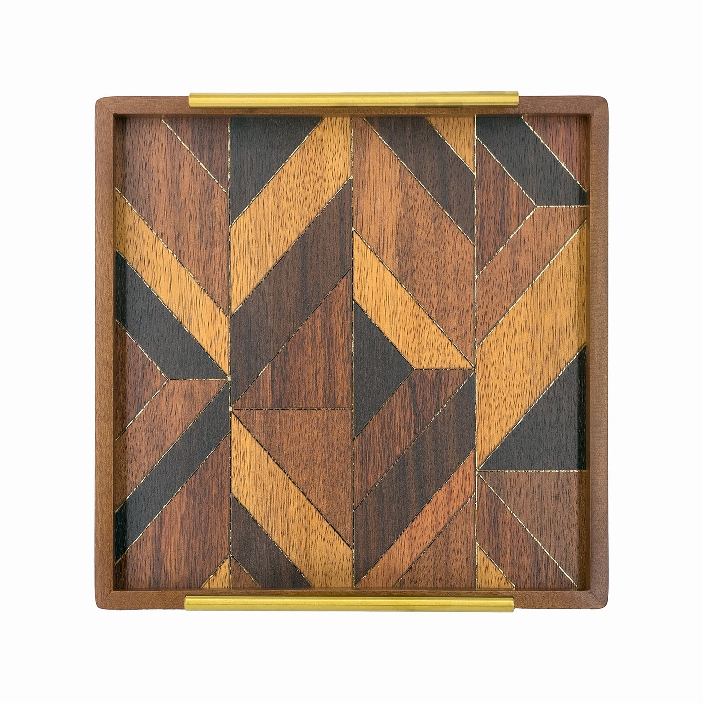 2-Piece Square Wood Serving Tray Set with Geometric Pattern and Gold Handles