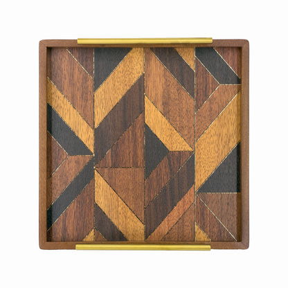 2-Piece Square Wood Serving Tray Set with Geometric Pattern and Gold Handles