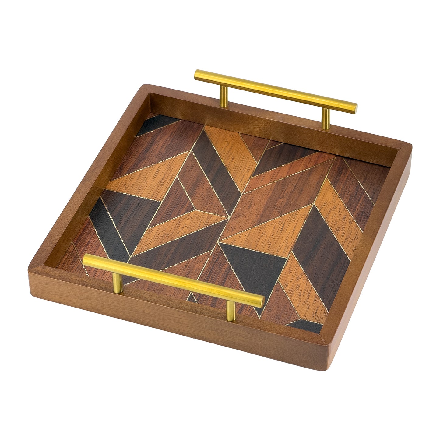 2-Piece Square Wood Serving Tray Set with Geometric Pattern and Gold Handles