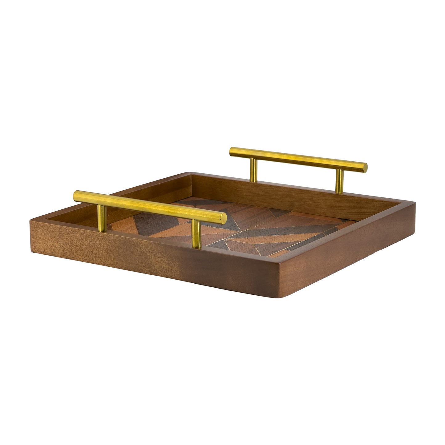 2-Piece Square Wood Serving Tray Set with Geometric Pattern and Gold Handles