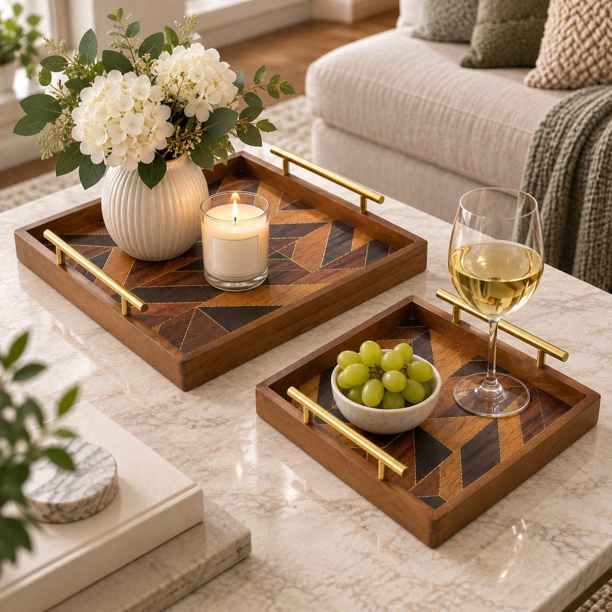 2-Piece Square Wood Serving Tray Set with Geometric Pattern and Gold Handles