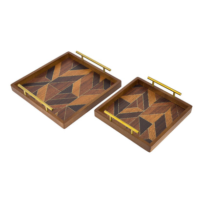 2-Piece Square Wood Serving Tray Set with Geometric Pattern and Gold Handles