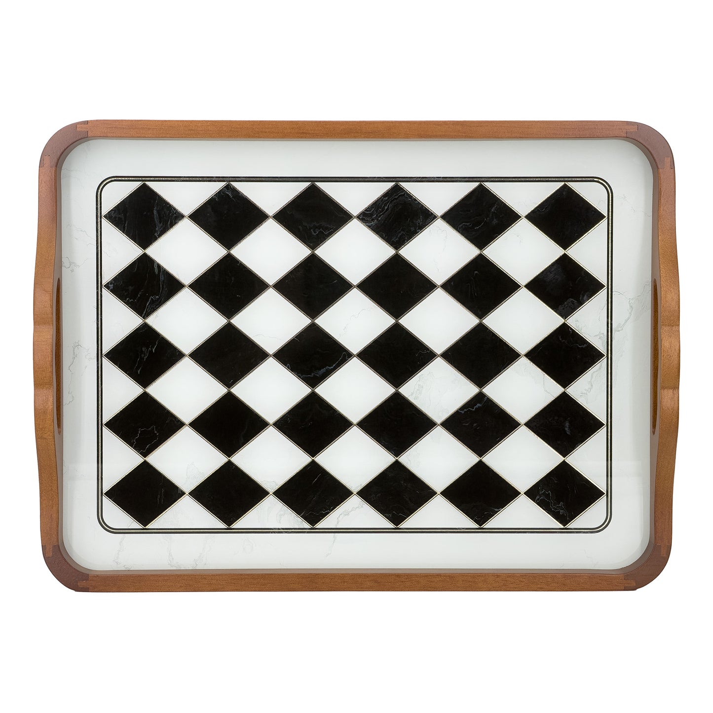 2-Piece Walnut Wood Serving Tray Set with Black & White Checkered Glass Base