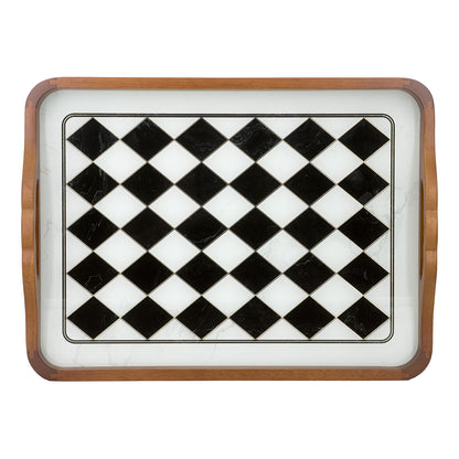 2-Piece Walnut Wood Serving Tray Set with Black & White Checkered Glass Base