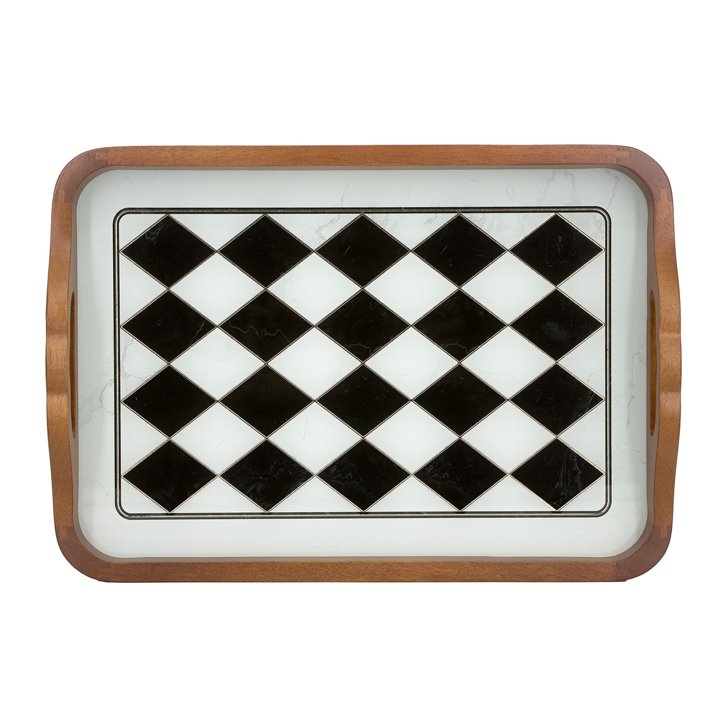 2-Piece Walnut Wood Serving Tray Set with Black & White Checkered Glass Base