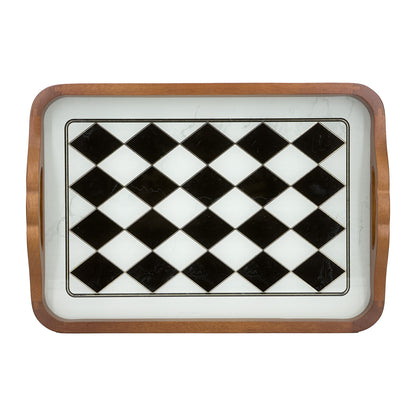 2-Piece Walnut Wood Serving Tray Set with Black & White Checkered Glass Base