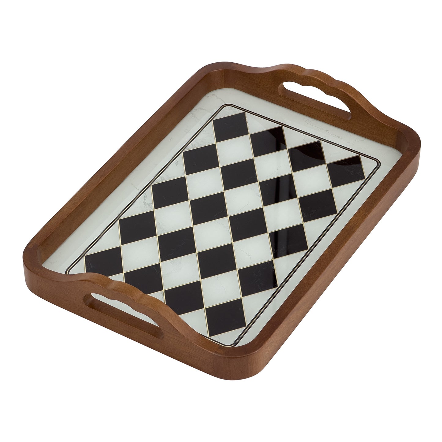 2-Piece Walnut Wood Serving Tray Set with Black & White Checkered Glass Base
