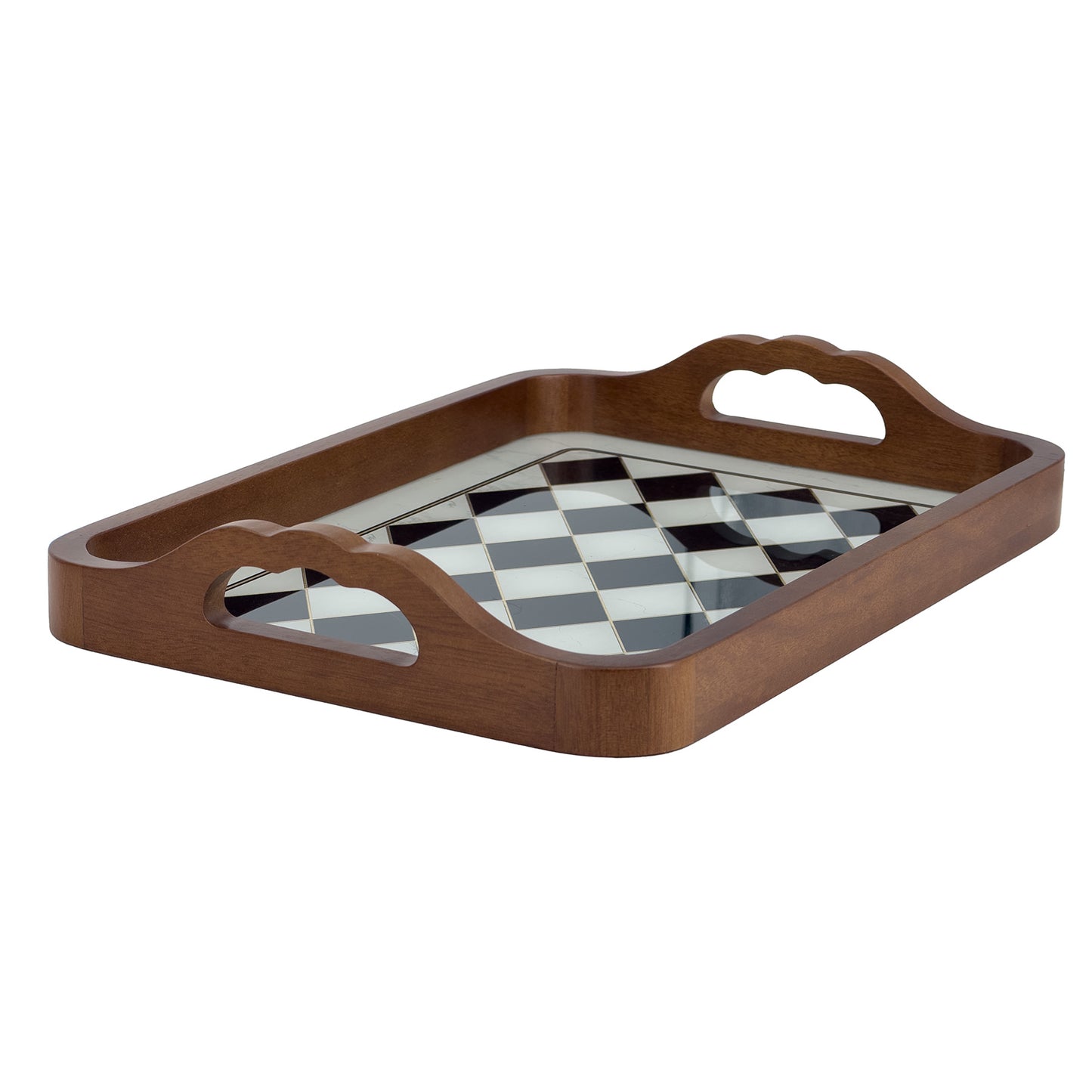 2-Piece Walnut Wood Serving Tray Set with Black & White Checkered Glass Base