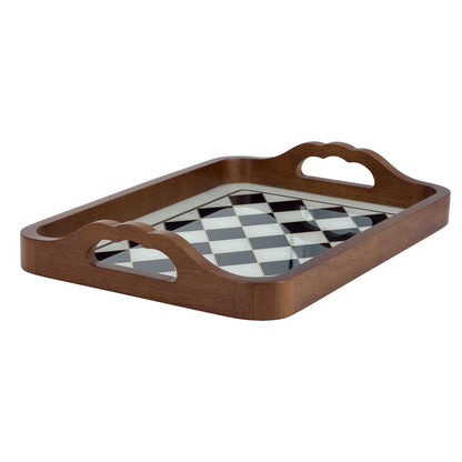 2-Piece Walnut Wood Serving Tray Set with Black & White Checkered Glass Base