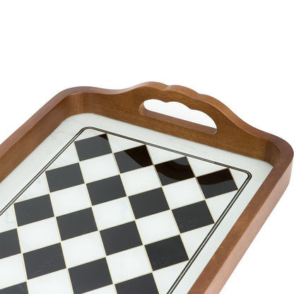 2-Piece Walnut Wood Serving Tray Set with Black & White Checkered Glass Base