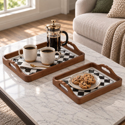 2-Piece Walnut Wood Serving Tray Set with Black & White Checkered Glass Base