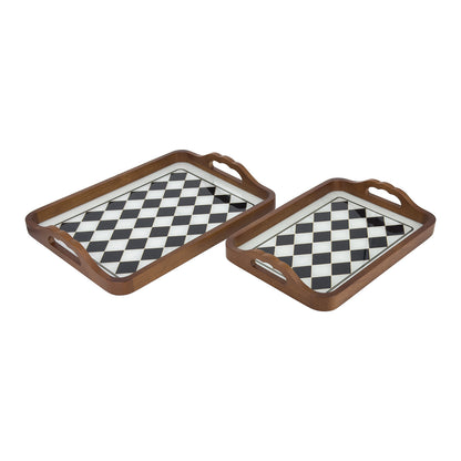 2-Piece Walnut Wood Serving Tray Set with Black & White Checkered Glass Base