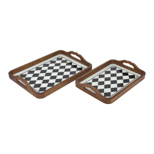 2-Piece Walnut Wood Serving Tray Set with Black & White Checkered Glass Base