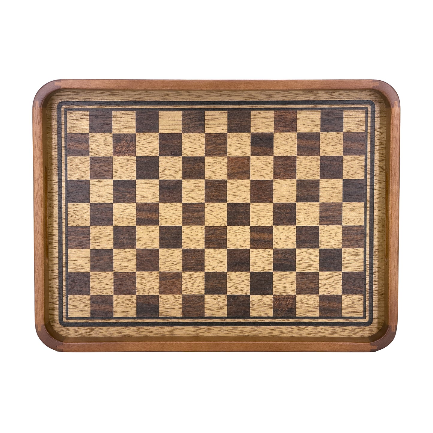2-Piece Walnut Wood Serving Tray Set with Checkered Design