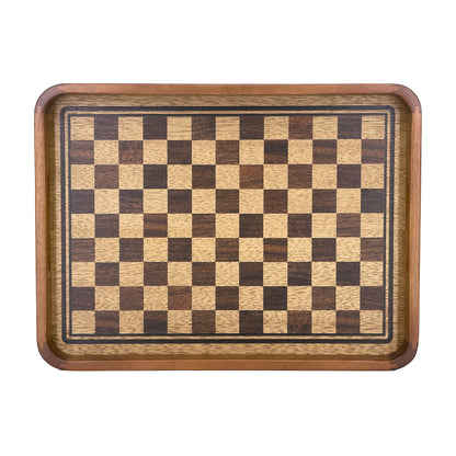 2-Piece Walnut Wood Serving Tray Set with Checkered Design