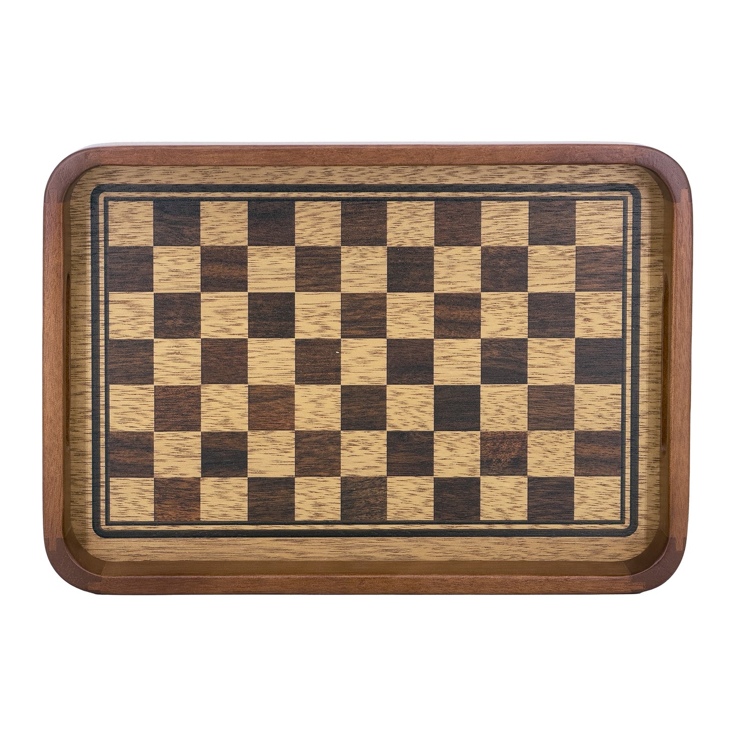 2-Piece Walnut Wood Serving Tray Set with Checkered Design