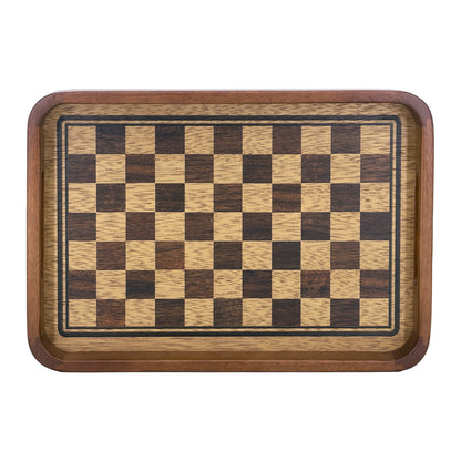 2-Piece Walnut Wood Serving Tray Set with Checkered Design