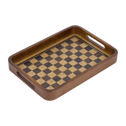 2-Piece Walnut Wood Serving Tray Set with Checkered Design