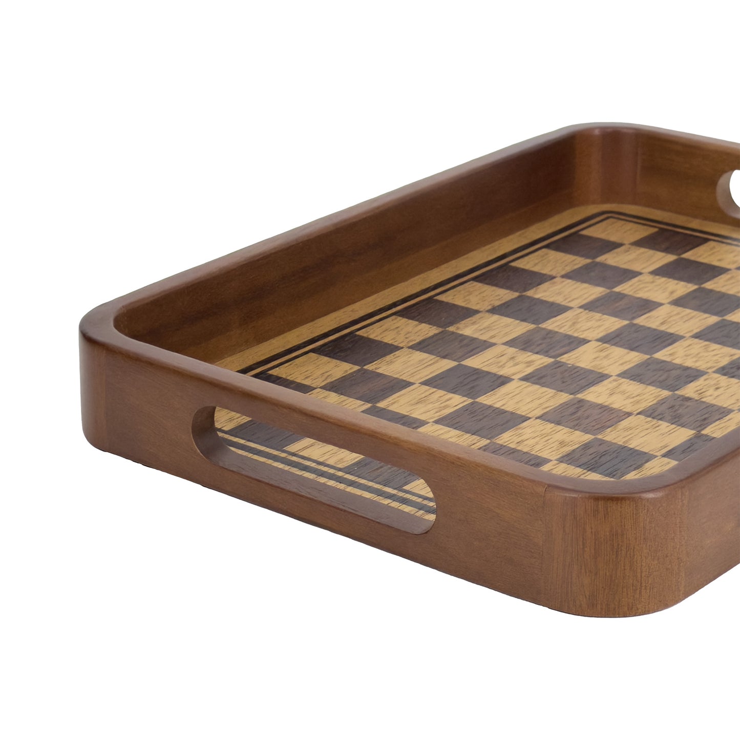 2-Piece Walnut Wood Serving Tray Set with Checkered Design