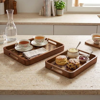 2-Piece Walnut Wood Serving Tray Set with Checkered Design