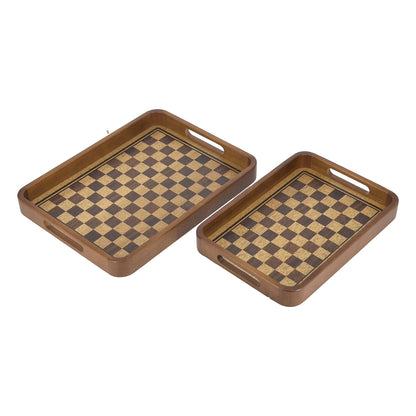 2-Piece Walnut Wood Serving Tray Set with Checkered Design