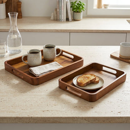2-Piece Walnut Wood Serving Tray Set with Cut-Out Handles