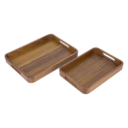 2-Piece Walnut Wood Serving Tray Set with Cut-Out Handles