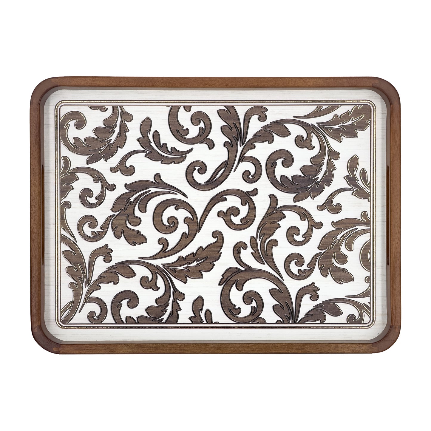 2-Piece Walnut Wood Serving Tray Set with White & Gold Scrollwork Design