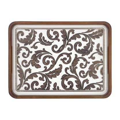 2-Piece Walnut Wood Serving Tray Set with White & Gold Scrollwork Design