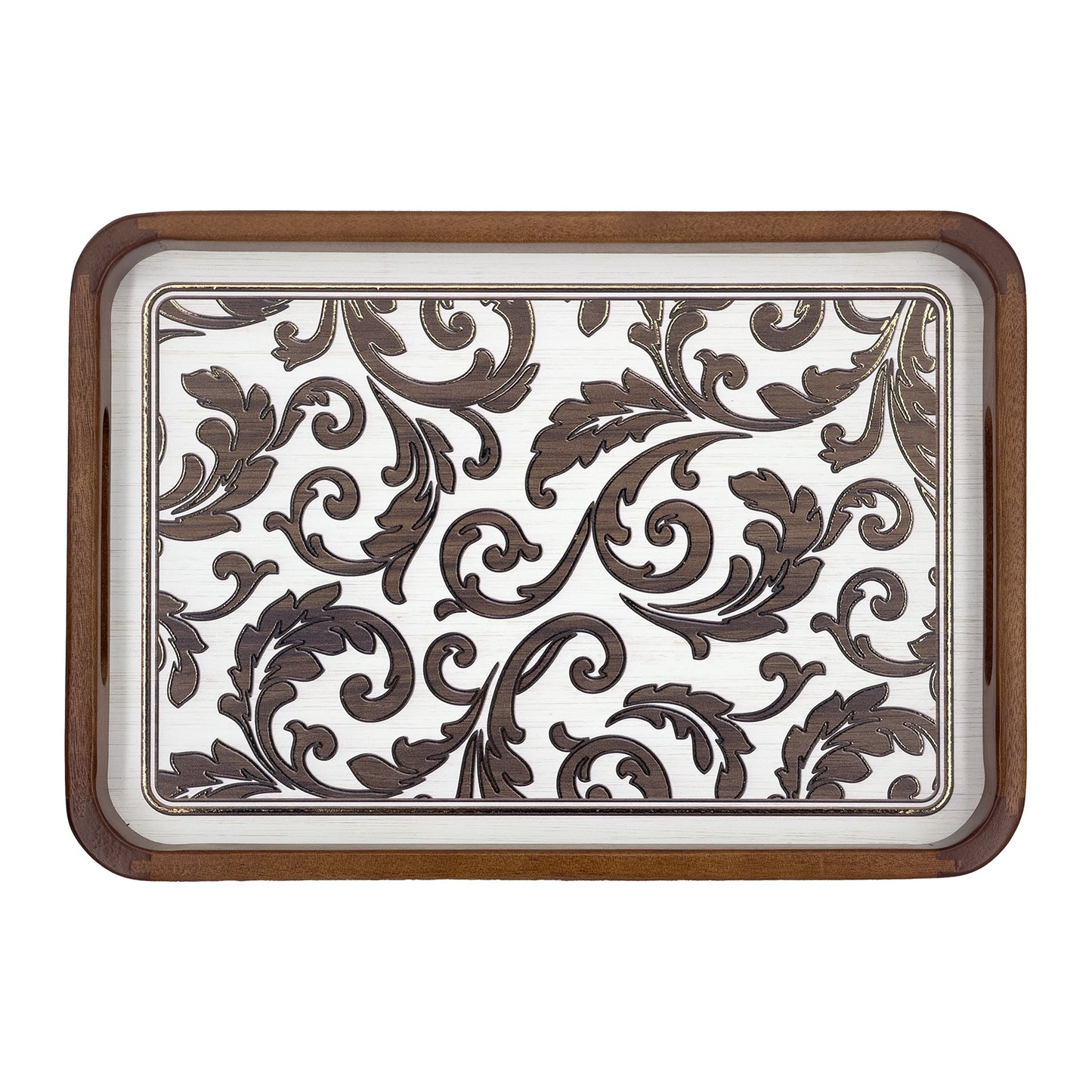 2-Piece Walnut Wood Serving Tray Set with White & Gold Scrollwork Design