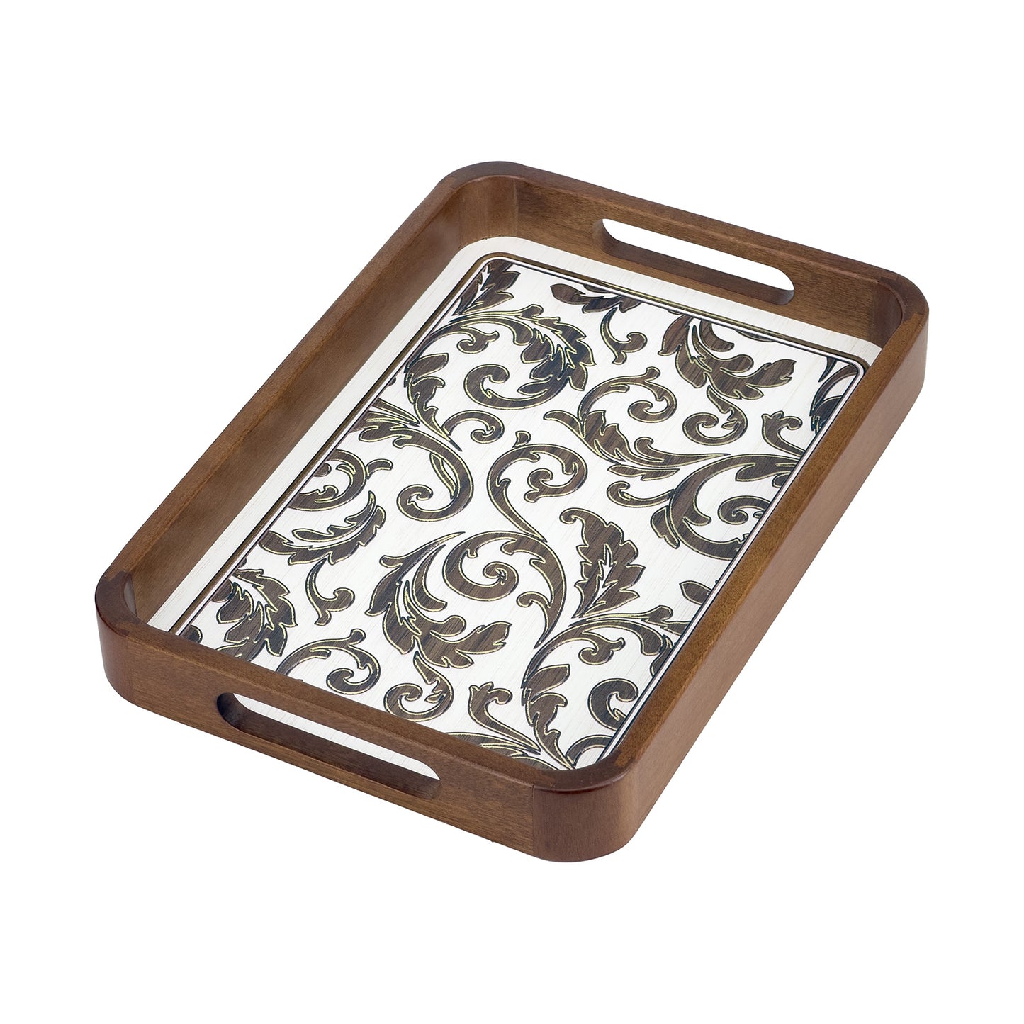 2-Piece Walnut Wood Serving Tray Set with White & Gold Scrollwork Design