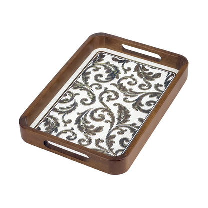 2-Piece Walnut Wood Serving Tray Set with White & Gold Scrollwork Design