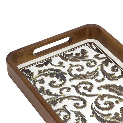 2-Piece Walnut Wood Serving Tray Set with White & Gold Scrollwork Design