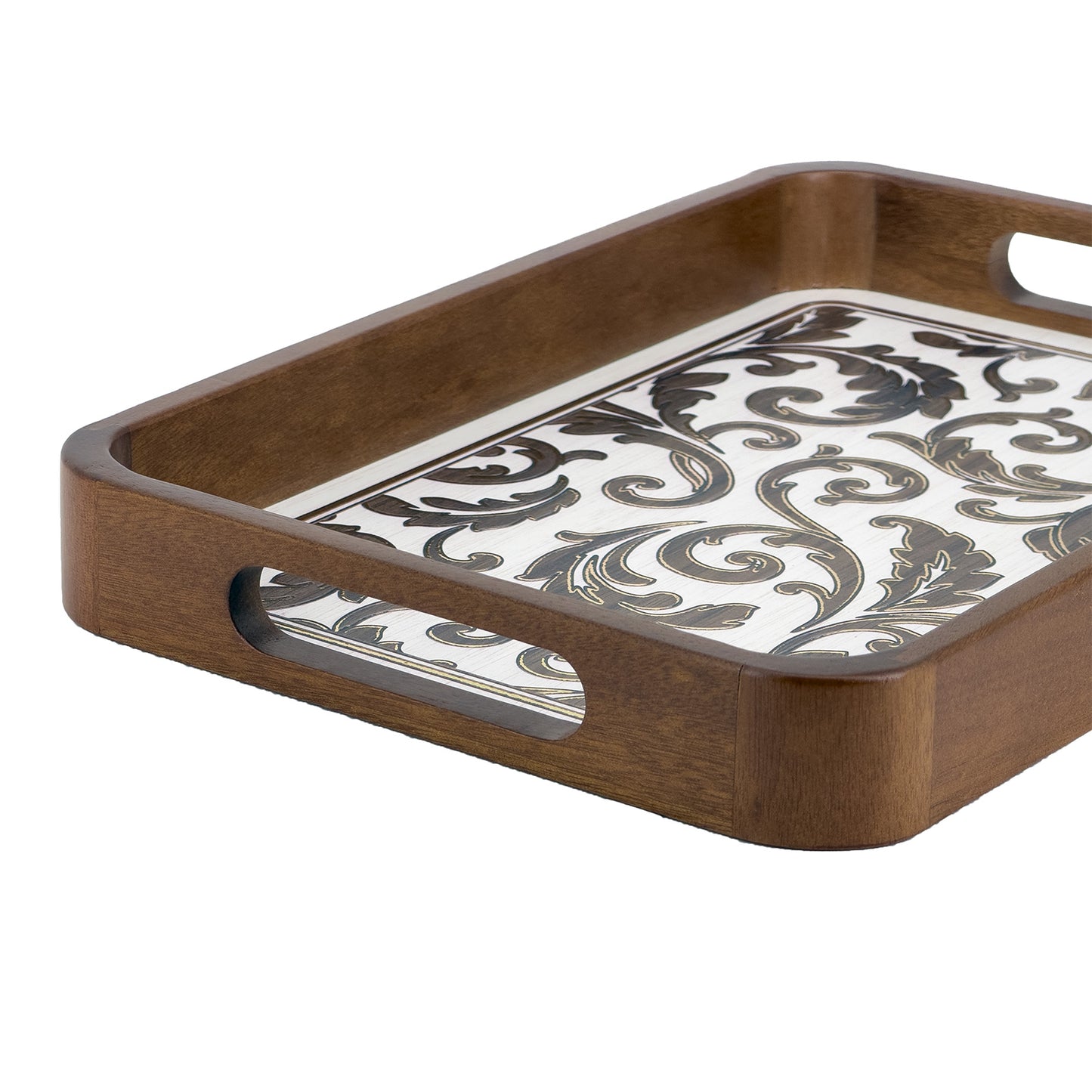2-Piece Walnut Wood Serving Tray Set with White & Gold Scrollwork Design
