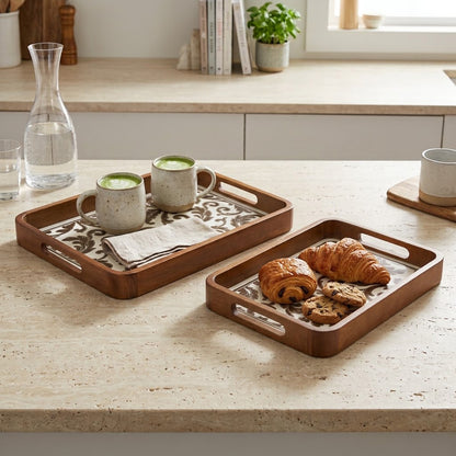 2-Piece Walnut Wood Serving Tray Set with White & Gold Scrollwork Design
