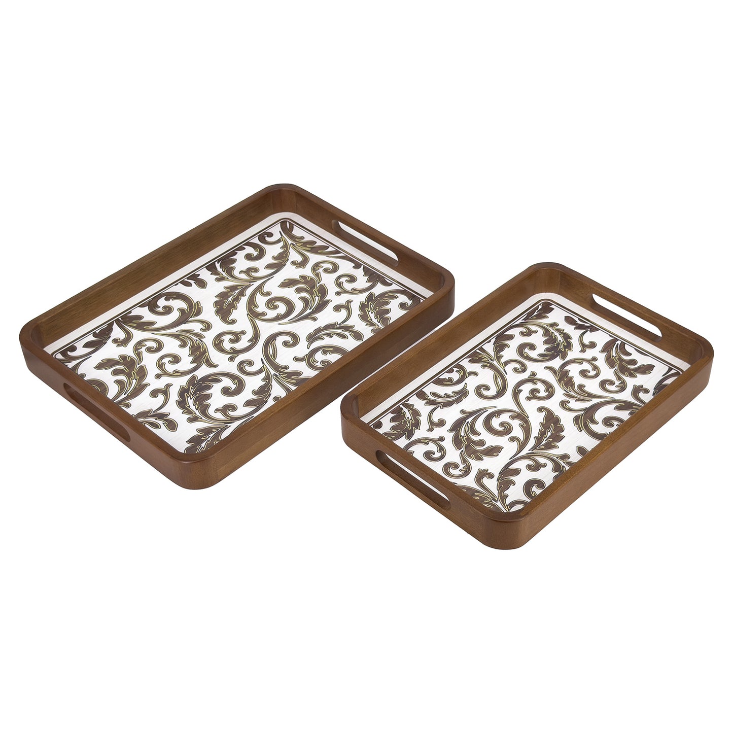 2-Piece Walnut Wood Serving Tray Set with White & Gold Scrollwork Design