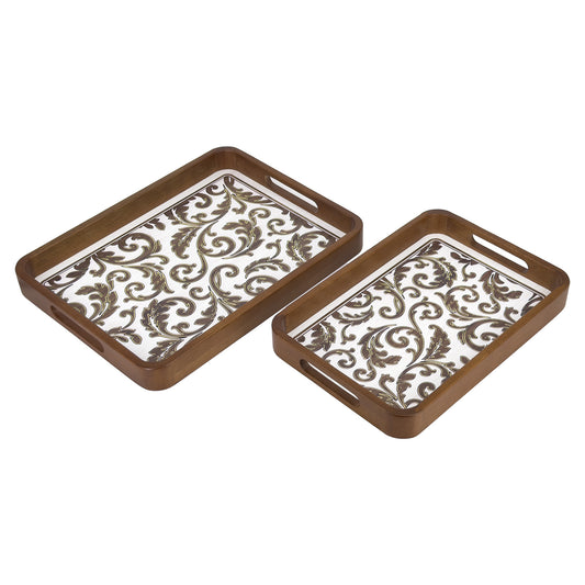 2-Piece Walnut Wood Serving Tray Set with White & Gold Scrollwork Design